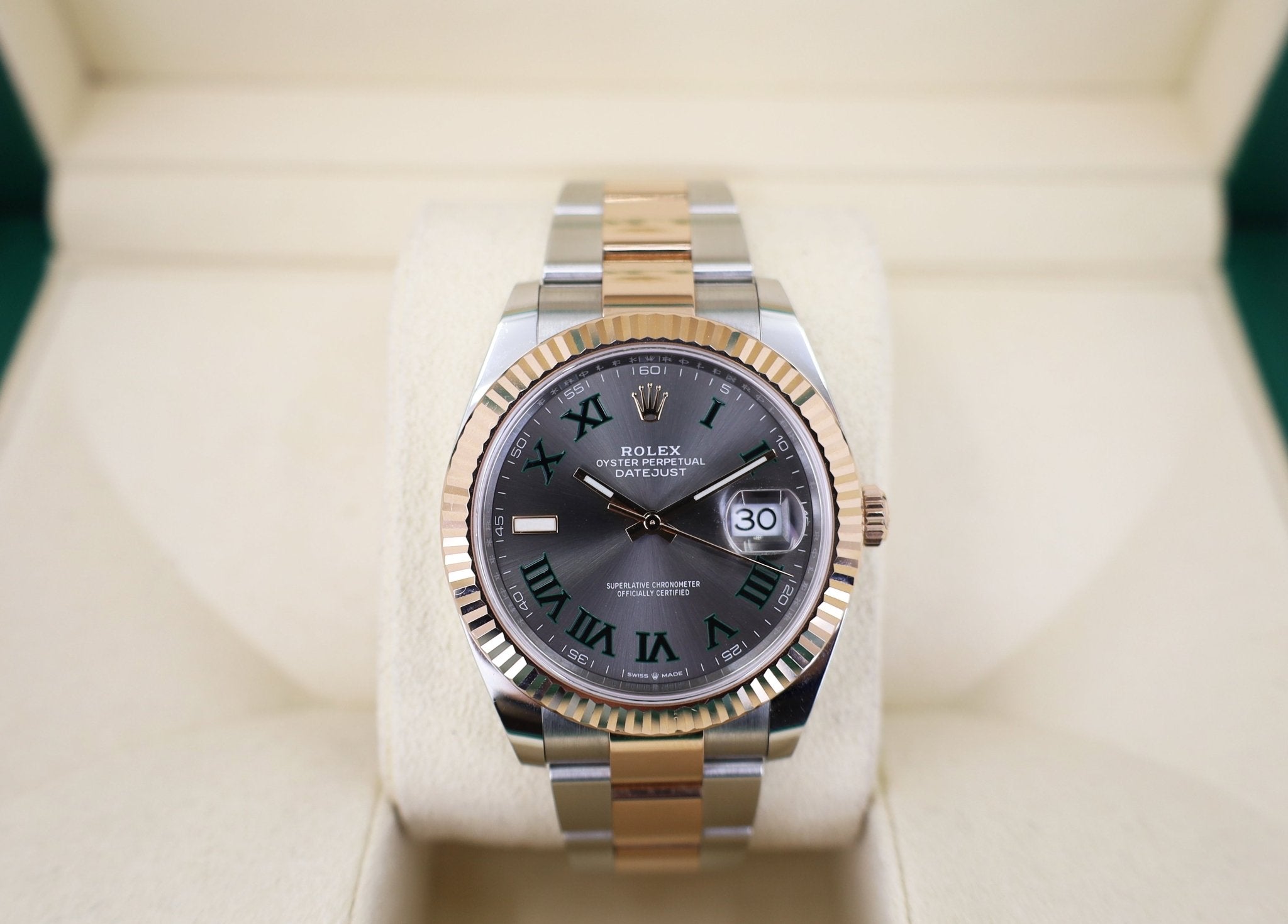 Rolex Datejust 36 Rose Gold/Steel "Wimbledon" Slate Roman Dial & Fluted Bezel Oyster Bracelet 126231 - Luxury Time NYC